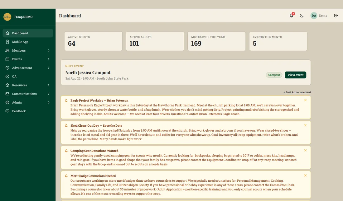 A troop dashboard showing member counts, the next event, and troop announcements