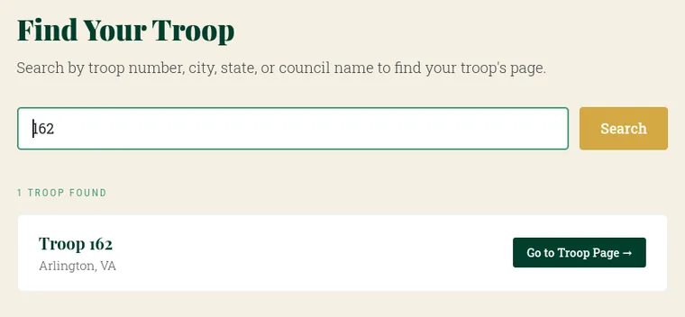 The Find Your Troop search, showing one result for Troop 162 in Arlington, VA