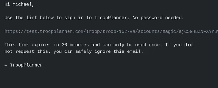 The login-link email, containing a single-use sign-in link
