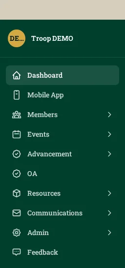 The left sidebar menu, listing Dashboard, Mobile App, Members, Events, Advancement and more